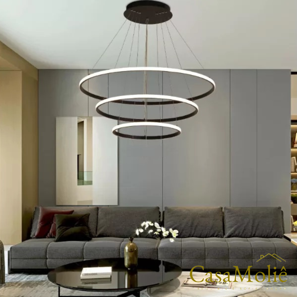 Lustre Led Moderno Pendente 89w Preto C/ Controle 60cm - 3