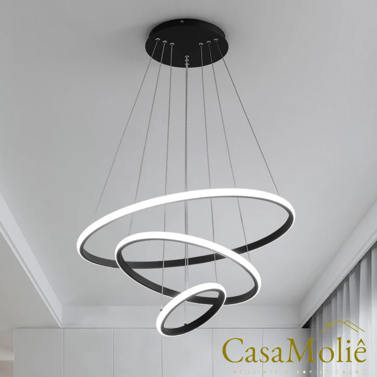 Lustre Led Moderno Pendente 89w Preto C/ Controle 60cm - 7