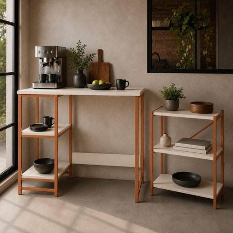 Kit Bancada Gourmet + Estante 3 Prateleiras com Cobre e Off White Klm Store