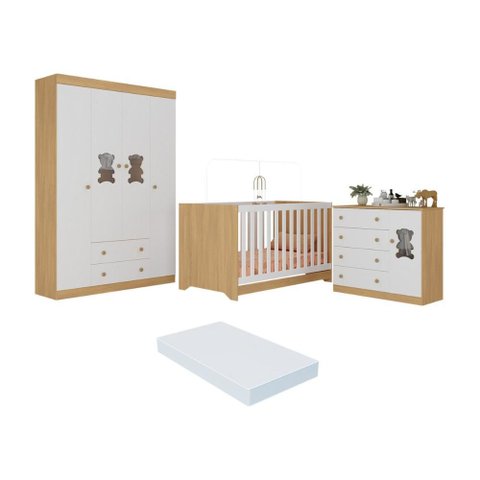 Quarto de Bebê Completo com Berço Americano 3 em 1 Colchão Teddy Multimóveis Mp4660 Madeirado/