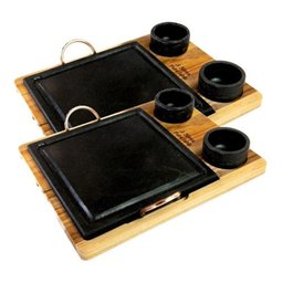 Kit 2 Grelha de Pedra Sabão Quadrada 25x25 Cm + 4 Cumbucas com Suporte de Madeira - 2