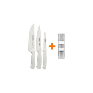 Kit - Faqueiro Premium 3 Peças + 1 Moedor de Sal ou Pimenta Duplo em Acrílico e Inox - Tramontina