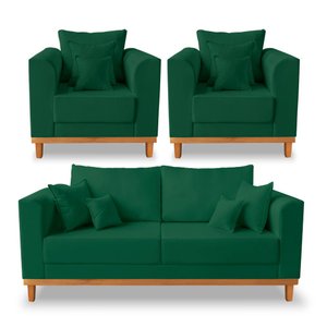 Kit Sofá 3 Lugares e 2 Poltronas Beny Viena Com Almofadas Decorativa Suede Verde - Madeira Prima Dec