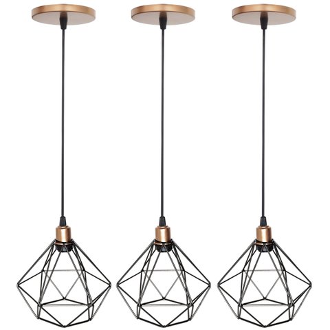 Kit 3 Pendente Aramado Diamante Luminária Lustre Luxo Pequeno Teto Retrô Agp Ilumini Industrial - Pr