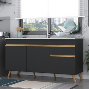 Balcão Cozinha Gabinete Pia 3 Portas 1 Gaveta Preto