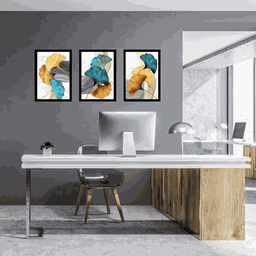Tríptico - Quadros Decorativos Floral Azul Dourado Grande:Preto - 2