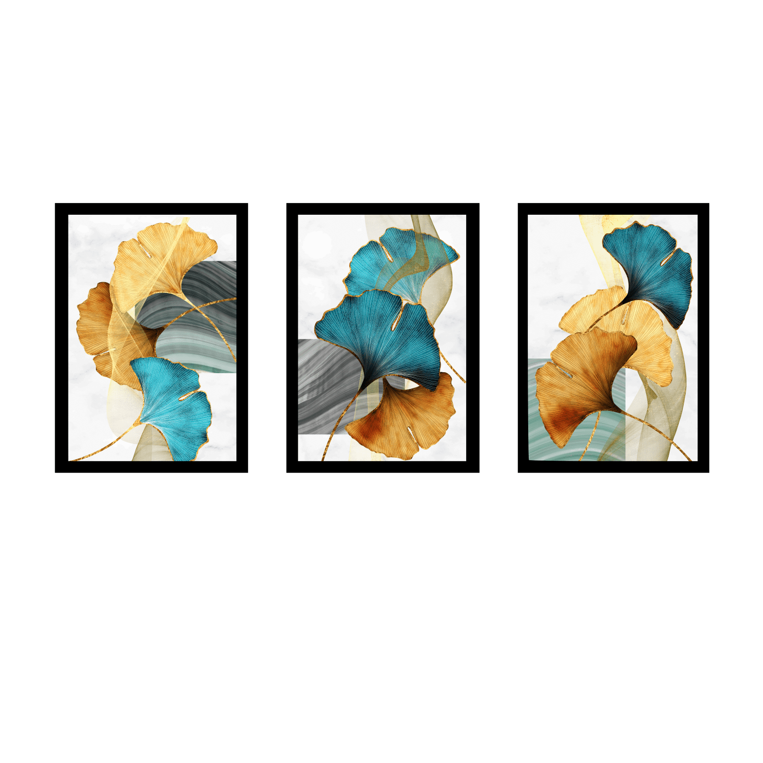 Tríptico - Quadros Decorativos Floral Azul Dourado Grande:Preto