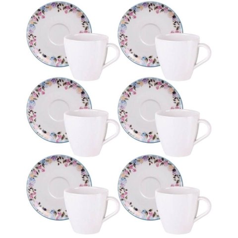 Jogo 6 Xícaras com Pires Chá Café 200ml Porcelana Tramontina Aura Cozinha Servir Mesa Posta