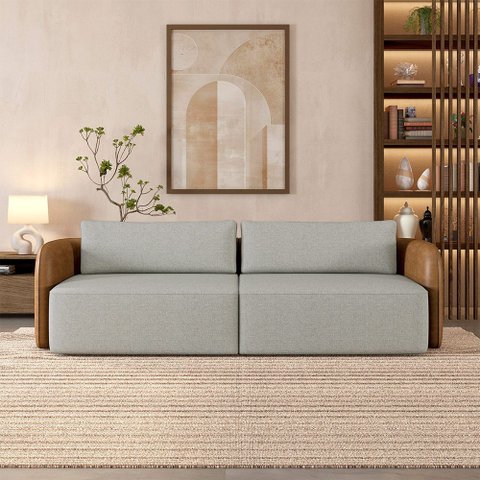 Sofá Living Sala de Estar Abel 240cm Bipartido Pés de Madeira Pu/linho Caramelo/cinza G33 - Gran Bel