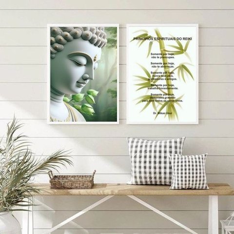 Kit 2 Quadros Princípios do Reiki - Buda 45x34cm - com Vidro:madeira Branca