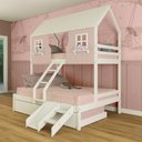 Ver imagem 1 de Treliche Casal/ Solteiro Casinha Encantada com Kit Escada/ Escorregador Madeira Maciça Rosa/ Branco