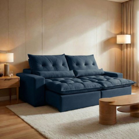 Sofá Retrátil e Reclinável 3 Lugares 230cm Avalon Super Pillow Azul Veludo Marinho