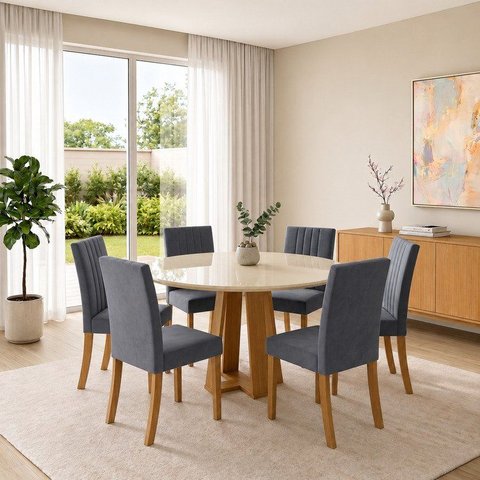 Conjunto Sala de Jantar Mesa Lisa 140cm com Tampo MDF e Vidro Redonda 6 Cadeiras Lily