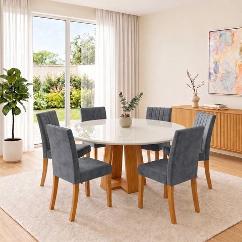 Conjunto Sala de Jantar Mesa Lisa 140cm com Tampo MDF e Vidro Redonda 6 Cadeiras Lily