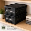 Ver imagem 4 de Caixa Organizadora Grande Empilhavel Preta Cesto com Tampa 10,8L Vazado Multiuso Guarda Roupa Porta