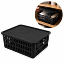 Ver imagem 1 de Caixa Organizadora Grande Empilhavel Preta Cesto com Tampa 10,8L Vazado Multiuso Guarda Roupa Porta