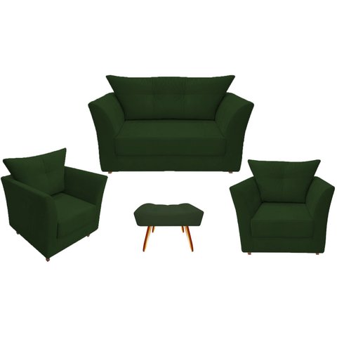 Kit Namoradeira + 2 Poltronas Decorativa Isis + 1 Puff Retangular Suede Verde Pés Madeira Ms Decor