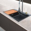 Ver imagem 1 de Kit Cuba Quadrada + Torneira Extensivel com Controle Temperatura Cascata Cesto e Tábua - Completa