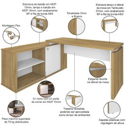 Mesa para Escritório Escrivaninha Home Office Orly A02 Olmo Branco - Lyam Decor - 3