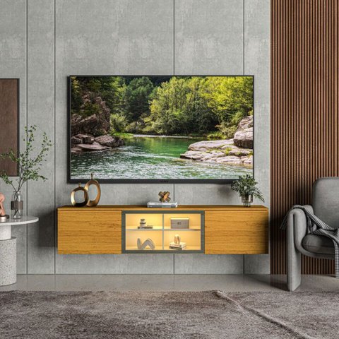 Rack para TV até 60 Polegadas Luminare 3 Portas com Vidro e LED 100% MDF Naturale - Gelius