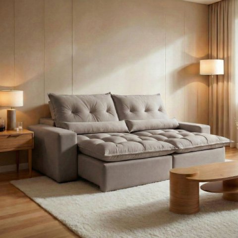 Sofá Retrátil e Reclinável 4 Lugares Poliester Cinza