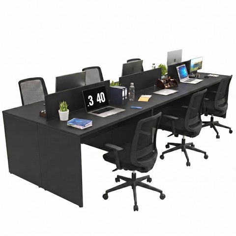 Conjunto Estação de Trabalho 6 Lugares com 6 Cadeiras de Escritório Ergonômicas - Preto