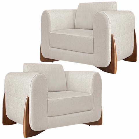 Kit 2 Poltronas Decorativas Pés em Madeira Buzz Linho Pérola - Gran Belo