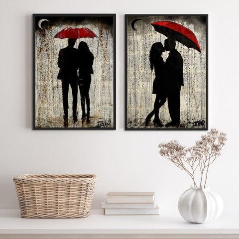 Kit 2 Quadros Casal Sombrinha Vermelha 24x18cm - com Vidro:madeira Preta