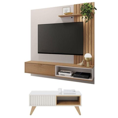 Mesa de Centro Jeri com Painel Suspenso para TV Tocantins 1.6 Off White Freijó - Colibri