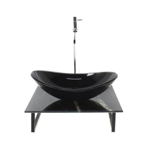 Gabinete de Vidro com Cuba Oval com Tampo de Vidro 40cm X 40cm Mármore Preto Mais Torneira Metal