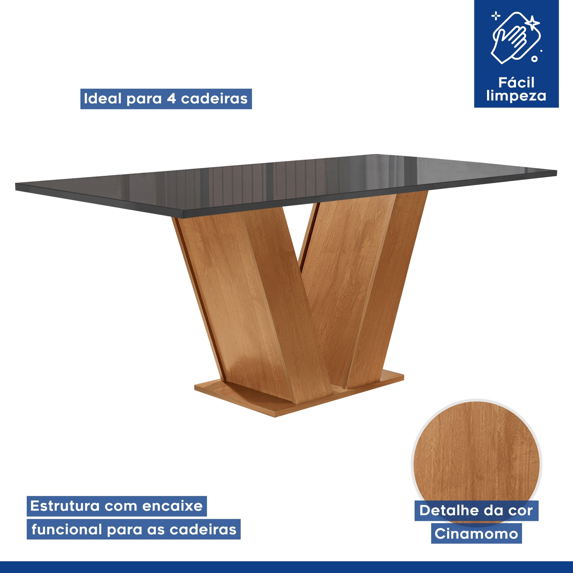 Conjunto Sala de Jantar Mesa Tampo MDF/Vidro e 4 Cadeiras Espanha Yescasa - 3