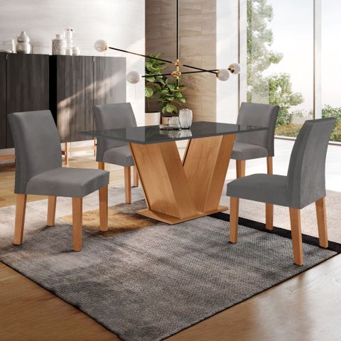 Conjunto Sala de Jantar Mesa Tampo Mdf/vidro e 4 Cadeiras Espanha Yescasa