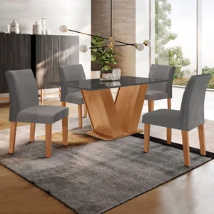 Conjunto Sala de Jantar Mesa Tampo Mdf/vidro e 4 Cadeiras Espanha Yescasa