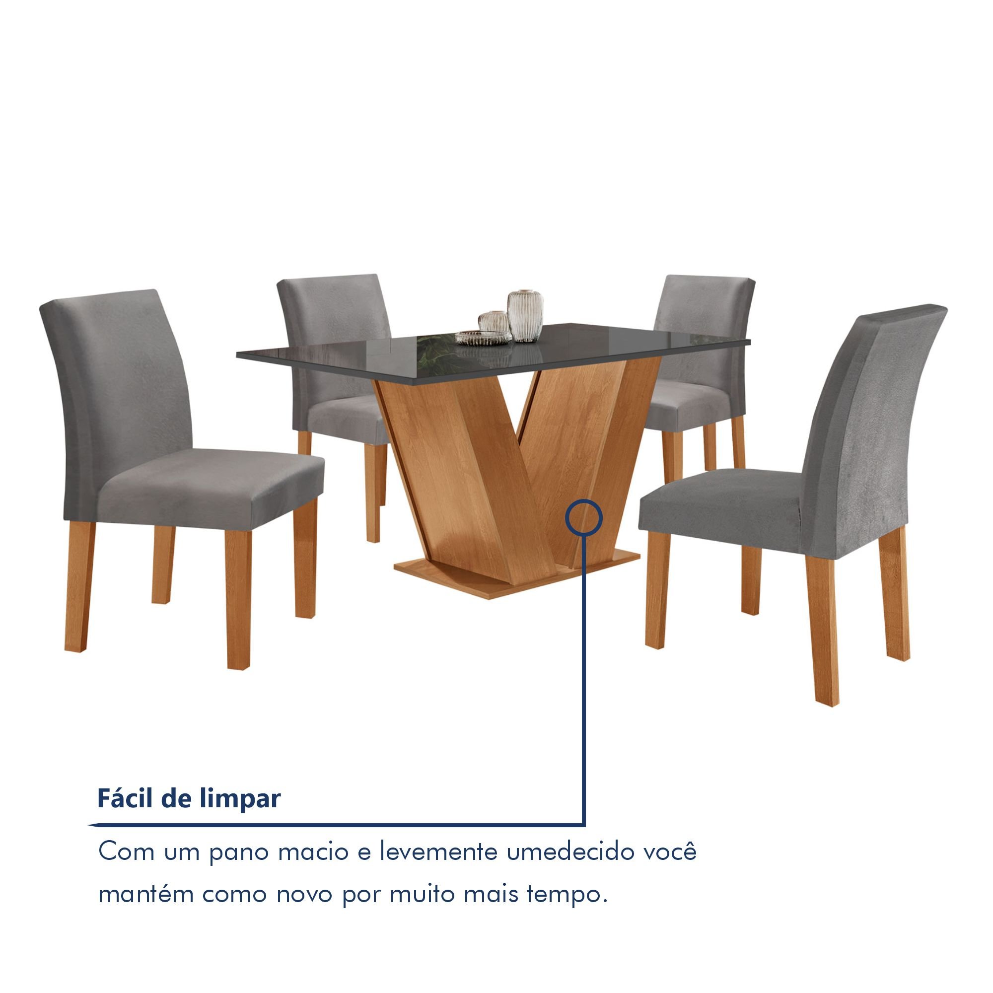 Conjunto Sala de Jantar Mesa Tampo MDF/Vidro e 4 Cadeiras Espanha Yescasa - 8