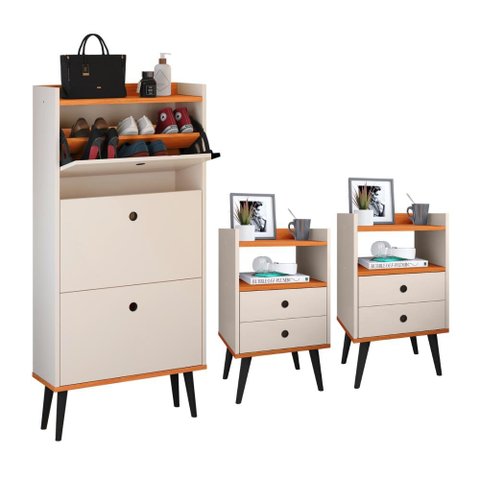 Kit Sapateira Vertical 3 Gavetas Basculantes e 2 Mesinhas Canto Quarto Nicho Off White/Cinamomo