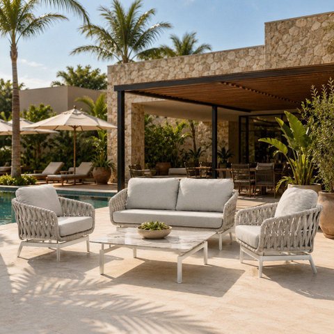 Conjunto Sofa Area Externa Corda Nautica Aluminio Apolo Mesa