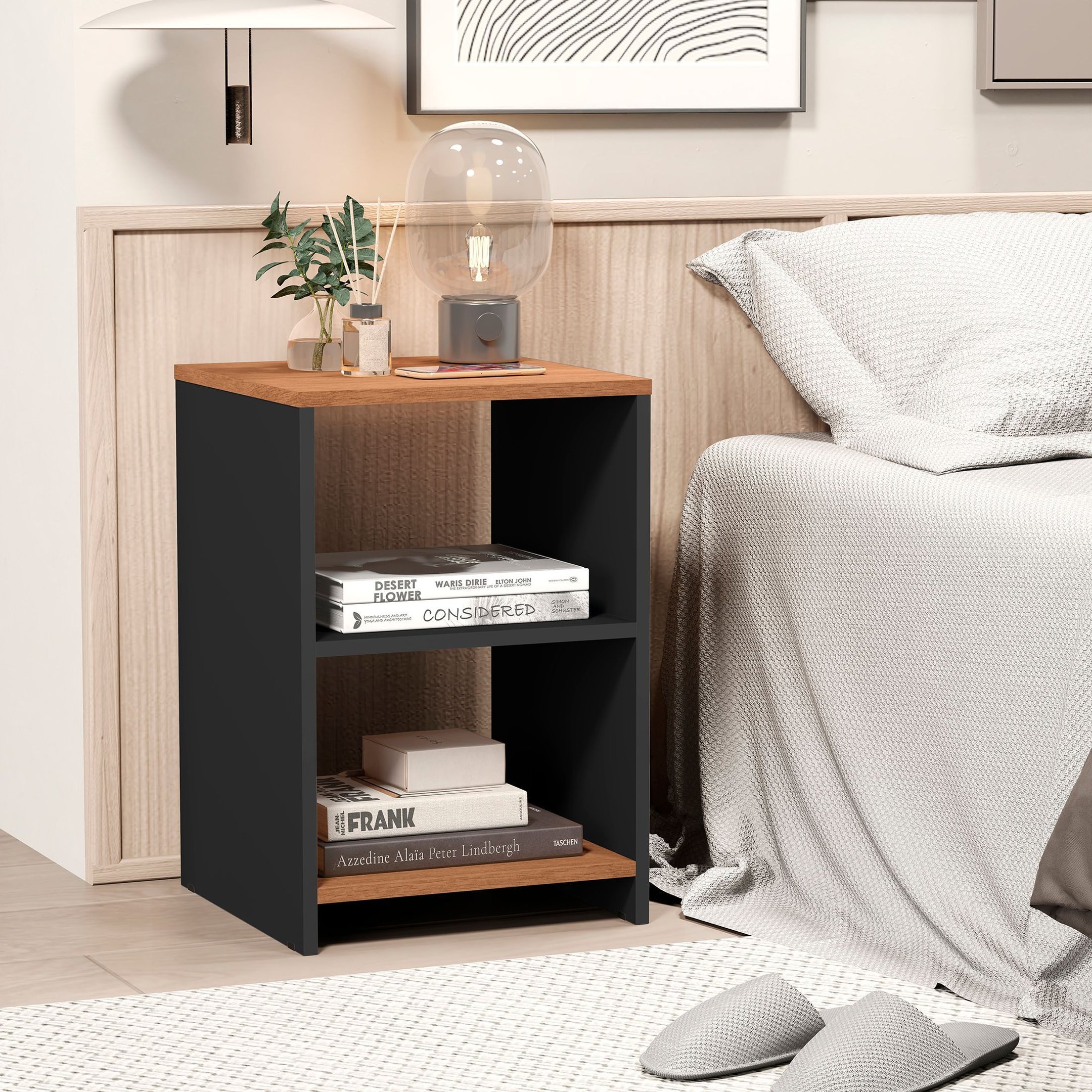 Mesa de Cabeceira 2 Prateleiras Dubai Preto/freijó