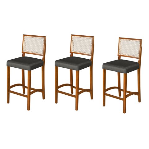 Kit 3 Banquetas Alta Roma Rattan Luxo Balcão Sacada Pés em Madeira Maciça Premium Banco Cor Cinza