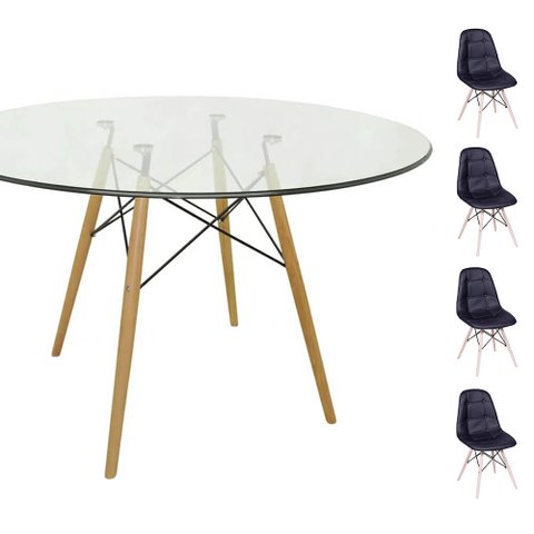 Conjunto Mesa Eames Eiffel Redonda Vidro 90cm + 4 Cadeiras Eames Dsw Botonê - Preta