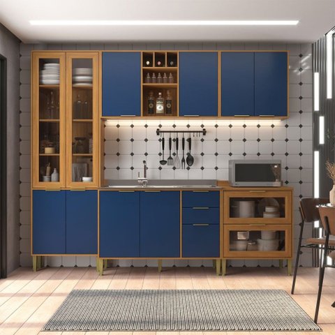 Cozinha Compacta Domus 10 Portas 5 Gavetas com Vidro Nogal/royal - Hecol Móveis