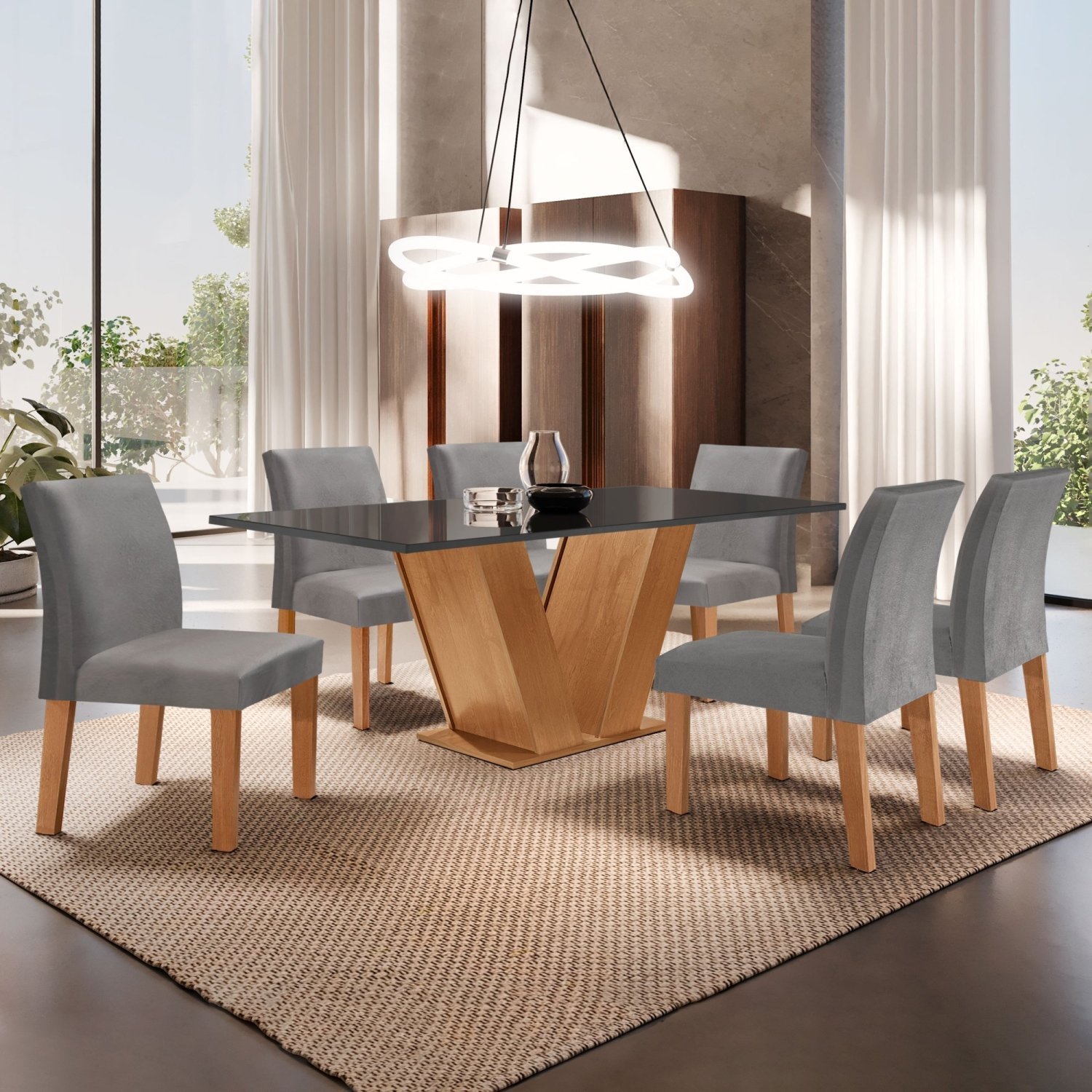 Conjunto Sala de Jantar Tampo MDF/Vidro 6 Cadeiras Helena Espresso Móveis