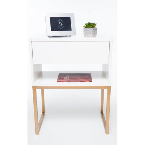 Kit 2 Mesas de Cabeceira Industrial Off White Eco 50cm Base Dourada - Enviamos Montado