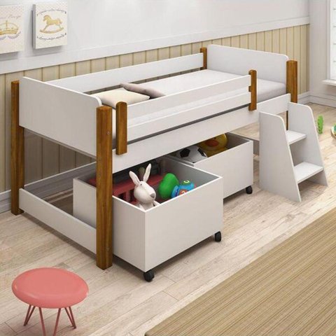 Cama Solteiro Naty com Nichos Branco/amêndoa - Cor: Branco