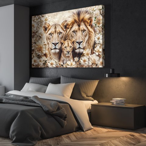 Quadro Decorativo Florido Família Leão e Leoa com Filhote Sala Quarto Casa Escritório 60x90