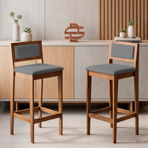 Kit 02 Banquetas Altas Lenna 99cm em Madeira e Encosto Estofado Linho Cinza - Desk Design