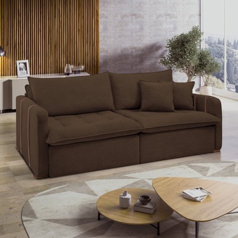 Sofá Cama Retrátil e Reclinável 3 Lugares Veludo Marrom Michigan 200cm Yescasa