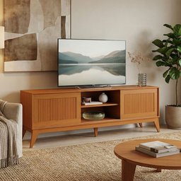 Rack Bancada para Tv até 65 Polegadas 1,80m Ripado Impressão 3d 2 Portas Cedro King Edn - 3