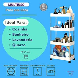 Prateleira Multiuso 4 Andares Estante Rodinhas Facil Montar Cor:branco - 2