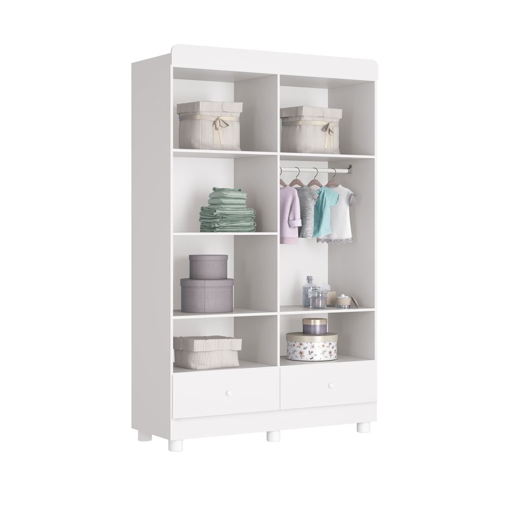 Conjunto Quarto de Bebê Comoda Sapateira e Guarda Roupa 4 Portas Katatau Branco Brilho Infantil - 7