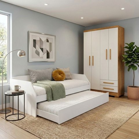 Conjunto Quarto Sofá-Cama Duo com Cama Auxiliar + Guarda-Roupa Paris 4 Portas 2 Gavetas - Branco